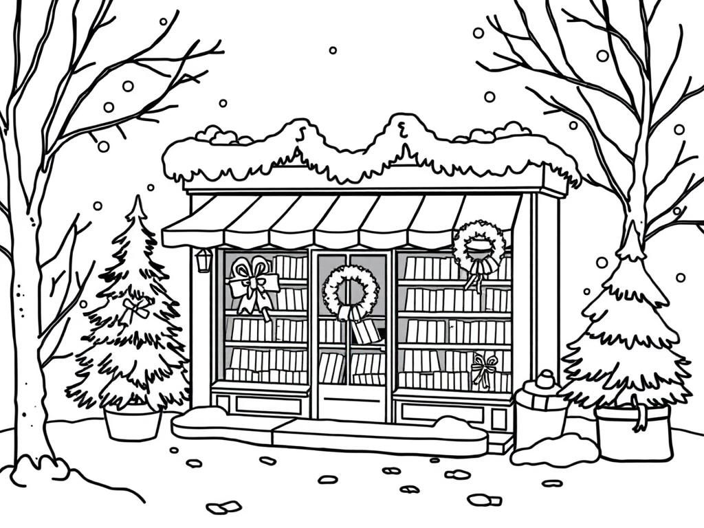 Wintery scene of a bookstoredecorated for Christmas with wreaths and pine trees