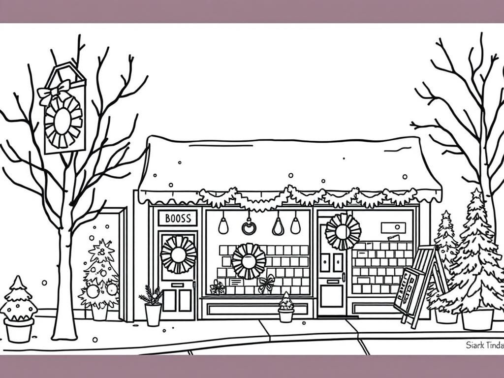 Wintery scene outside of a book store on a street decorated for Christmas with wreaths and pine trees