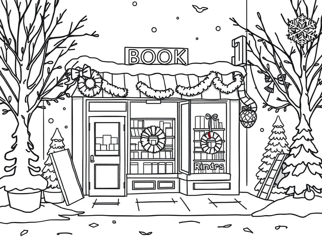 Wintery scene outside of a book store on a street decorated for Christmas with wreaths and pine trees