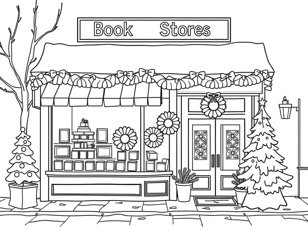Wintery scene outside of a book store on a street decorated for Christmas with wreaths and pine trees - Free Printable Coloring Page