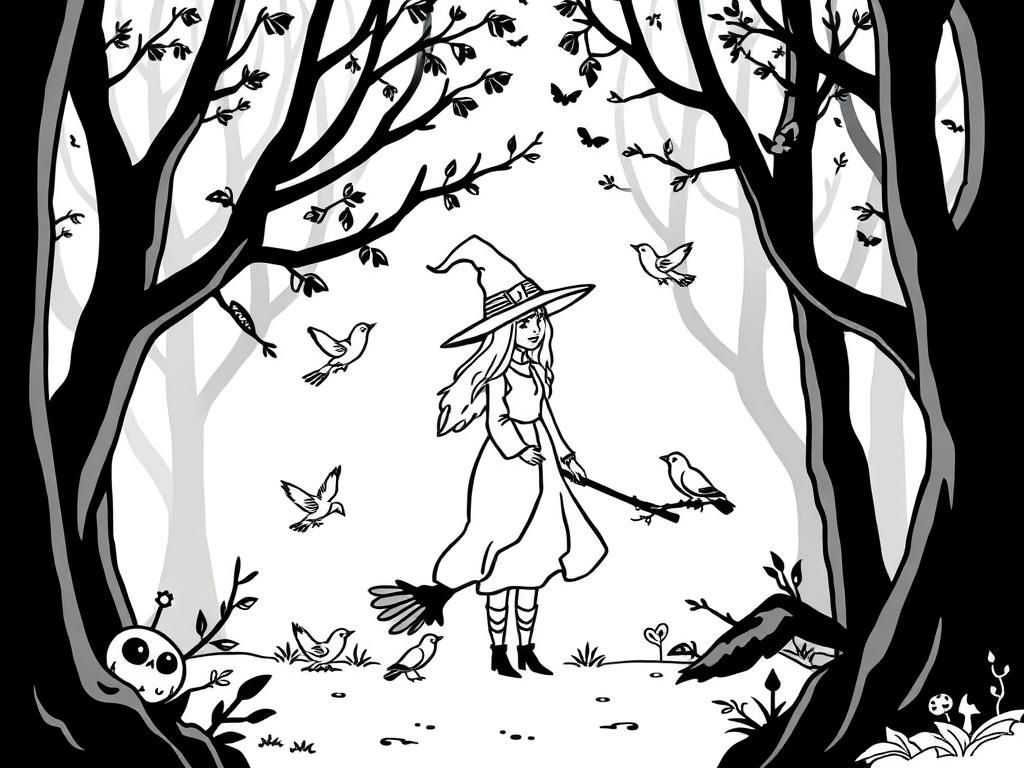 Preview of Witch in forest with birds