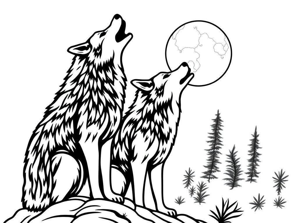 Wolves Howling at Moon Coloring Page