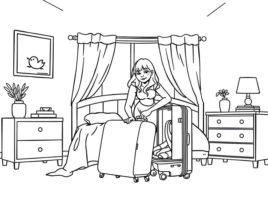 Girl Packing Suitcase Coloring Page