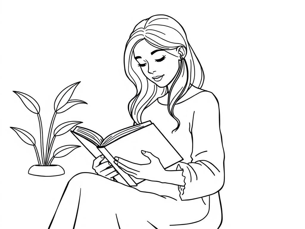 Girl Reading a Book Next to a Plant Coloring Page