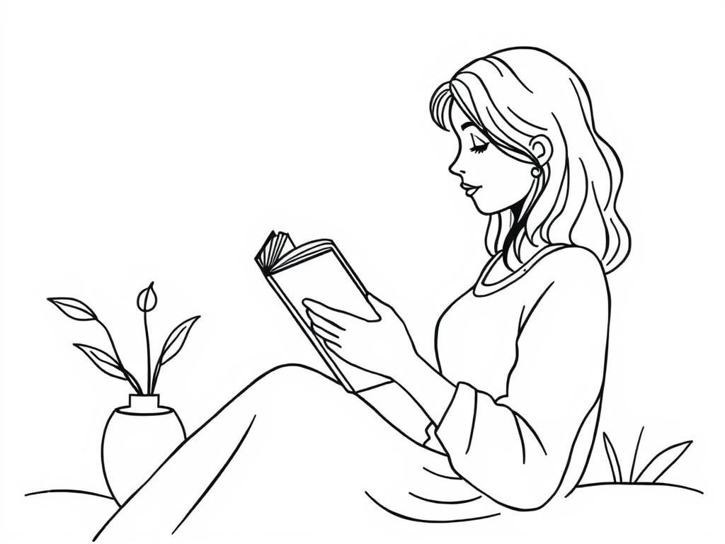 Girl Reading a Book Coloring Page