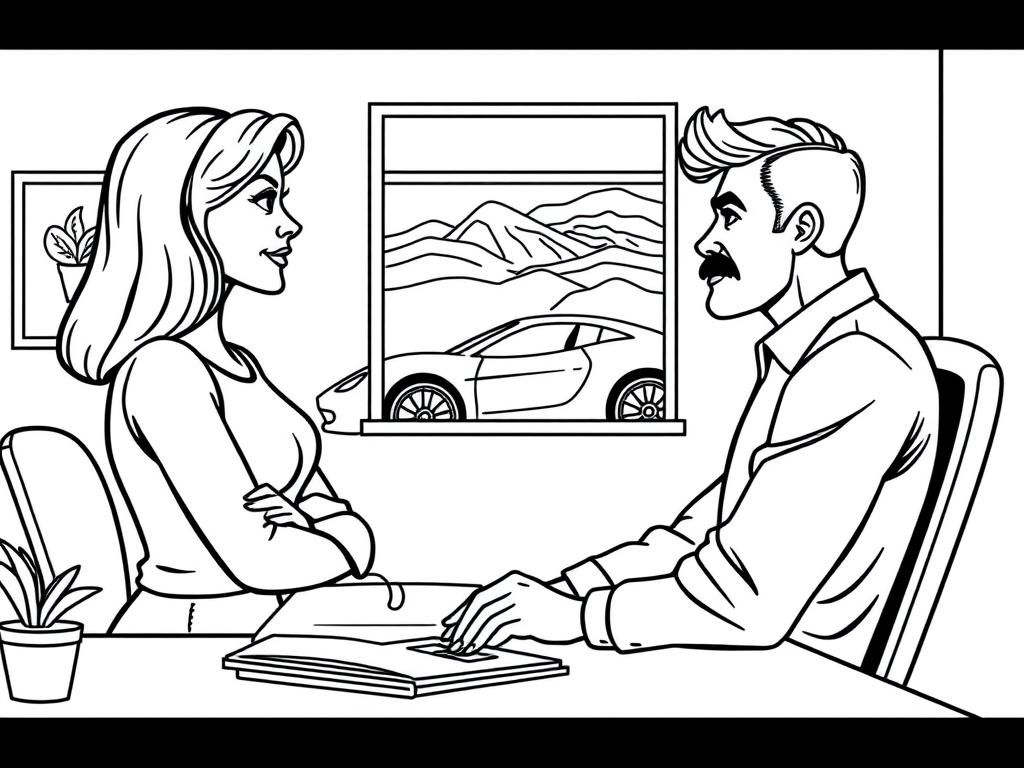 Preview of women talking to a 26 year oldman with a mustache across rom her desk with a picture of a car on the wall