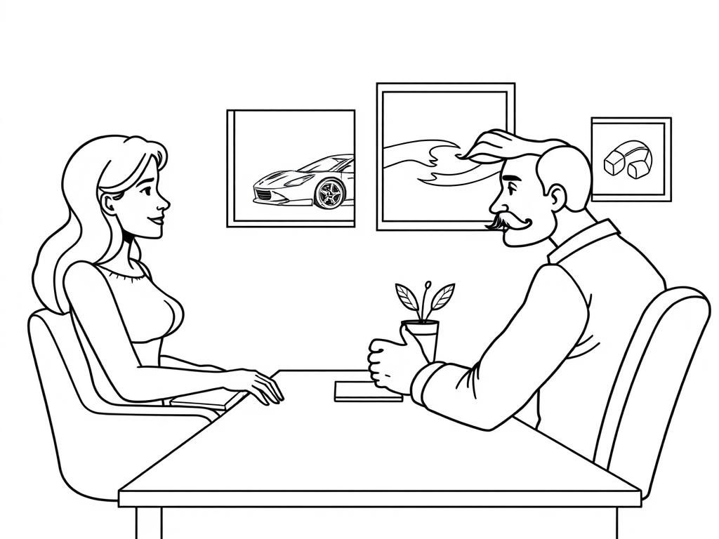 Preview of women talking to an man with a mustache across rom her desk with a picture of a car on the wall