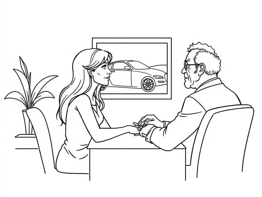 Preview of women talking to an older gentleman across rom her desk with a picture of a car on the wall