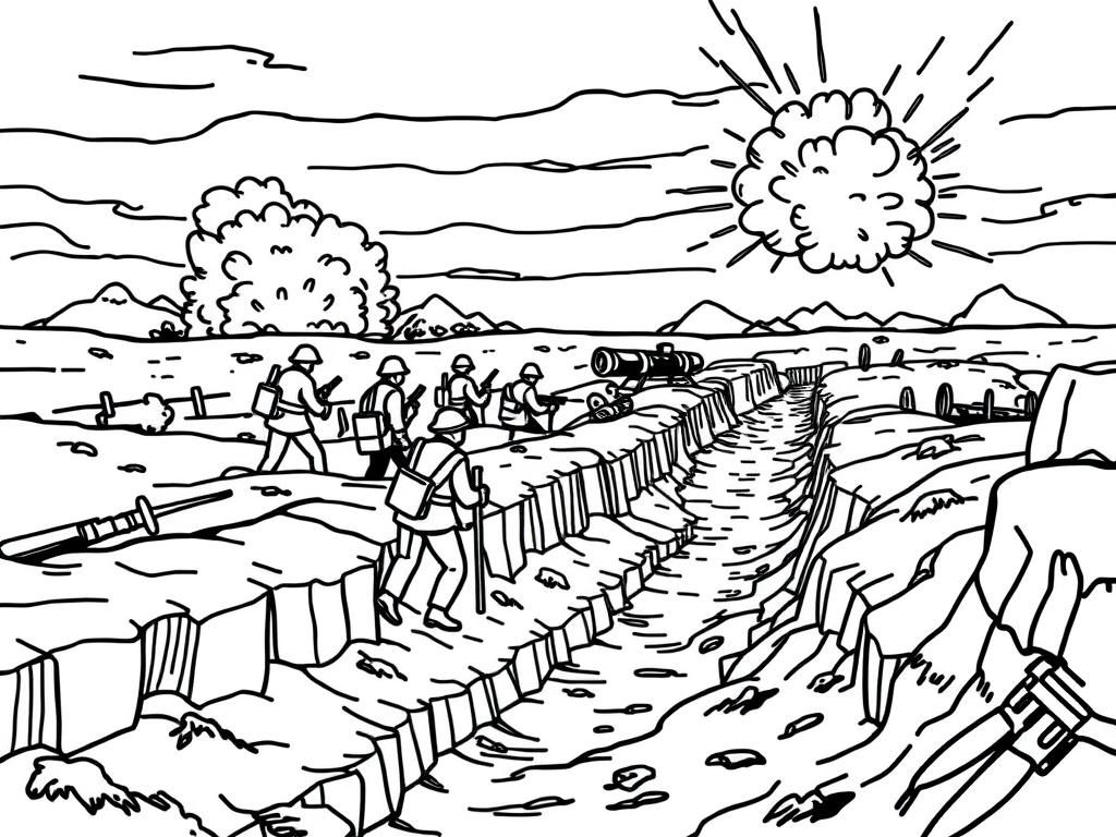 WW1 no man's land trench Warfare with soldiers in trenches and artillery explosions