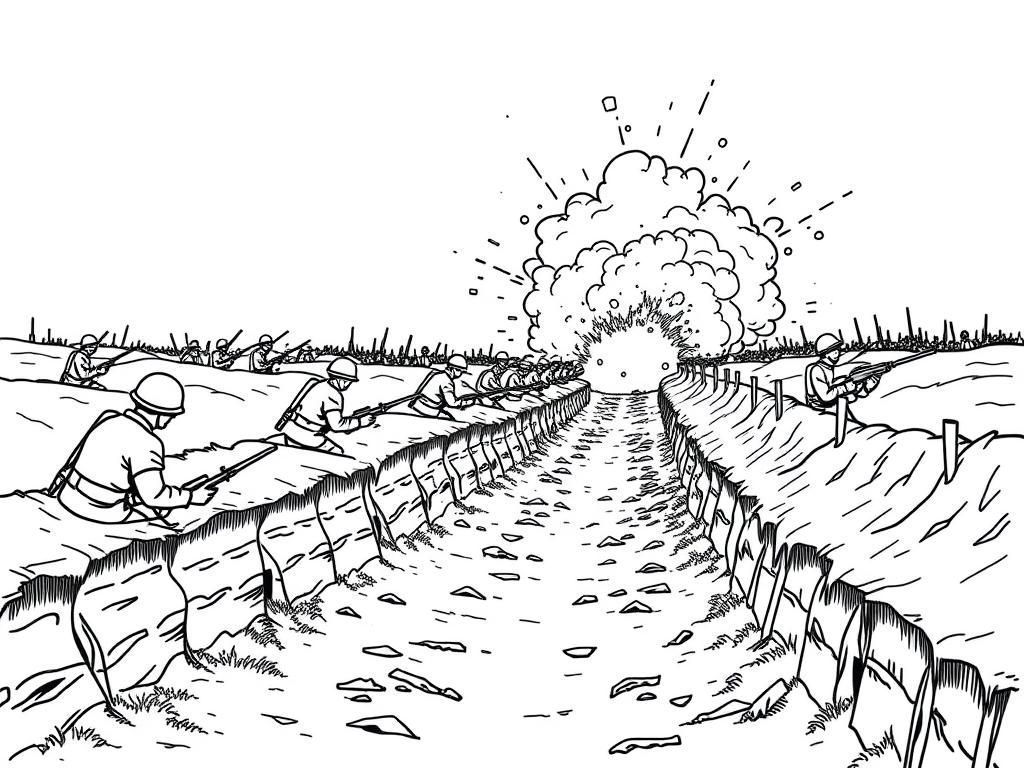 WW1 no man's land trench Warfare with soldiers in trenches and artillery explosions impacting near soldiers going over