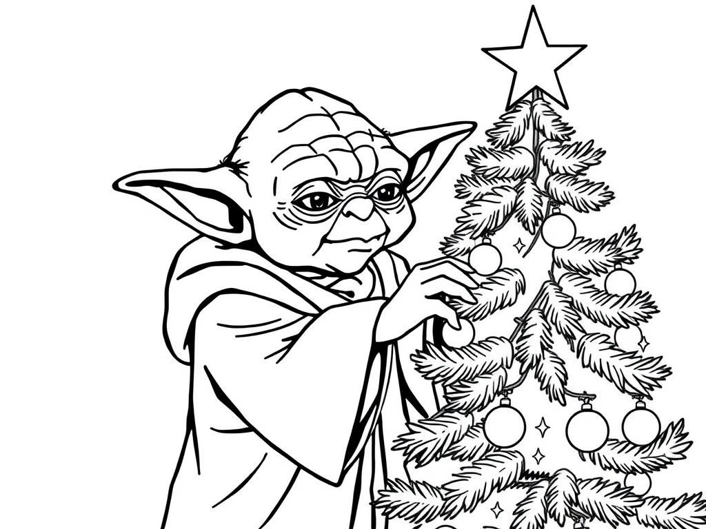 Yoda Decorates Christmas Tree Coloring Page