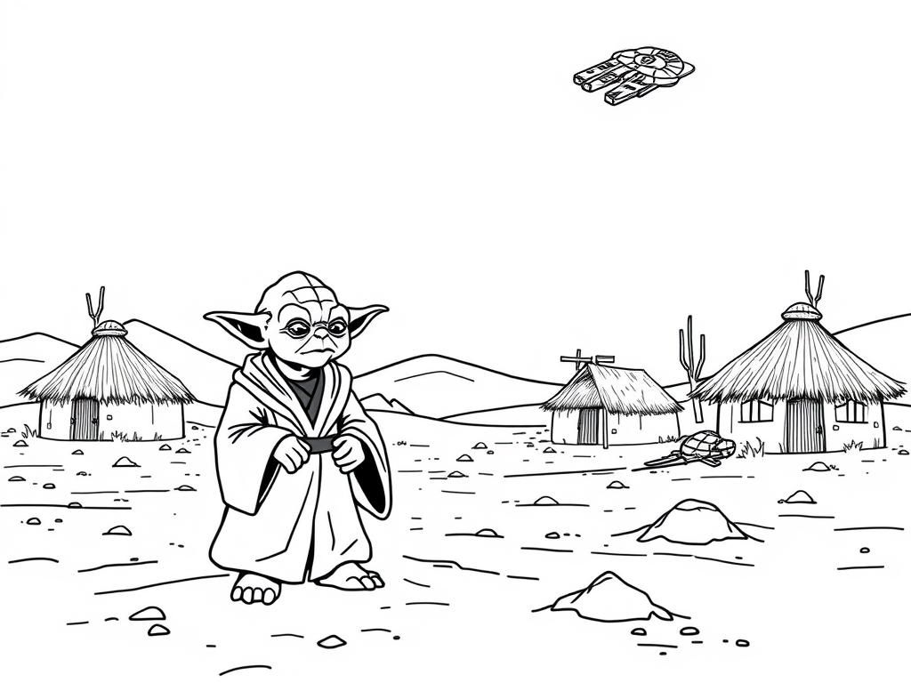 Preview of yoda on a deserted planet with huts in the background and the Millennium Falcon in the sky above.