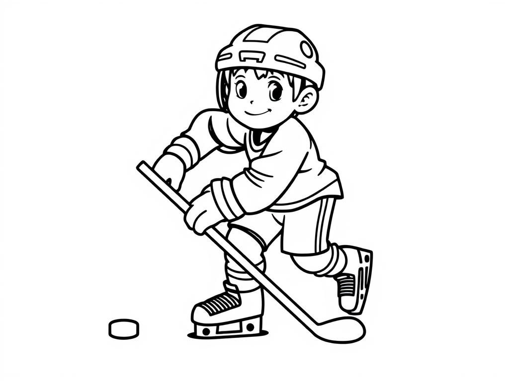 youth ice hockey player with hockey stick and puck