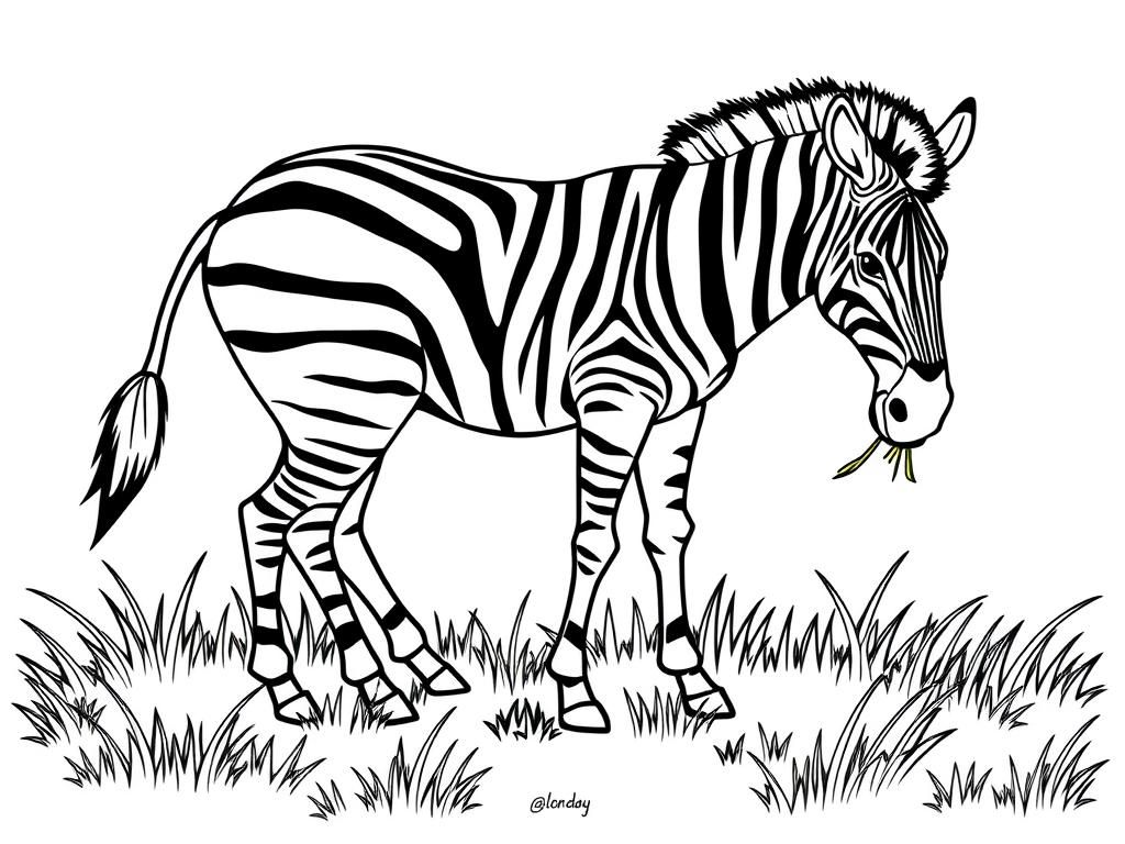 zebra standing on grass while eating grass - Free Printable Coloring Page
