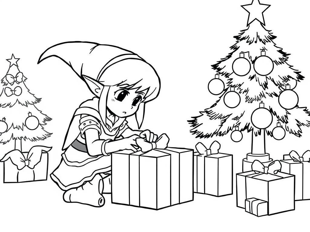 Christmas Elf Wrapping Gifts Coloring Page