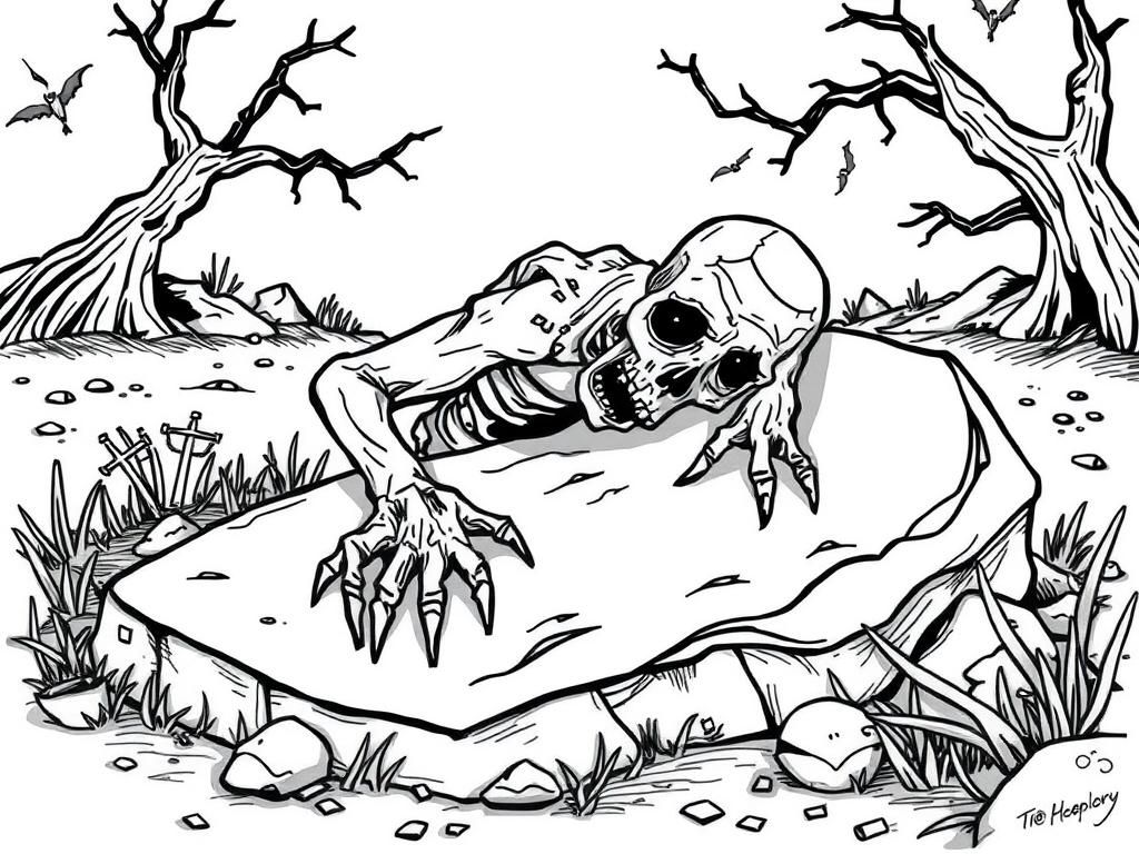 Spooky Skeleton Emerging from Grave Coloring Page