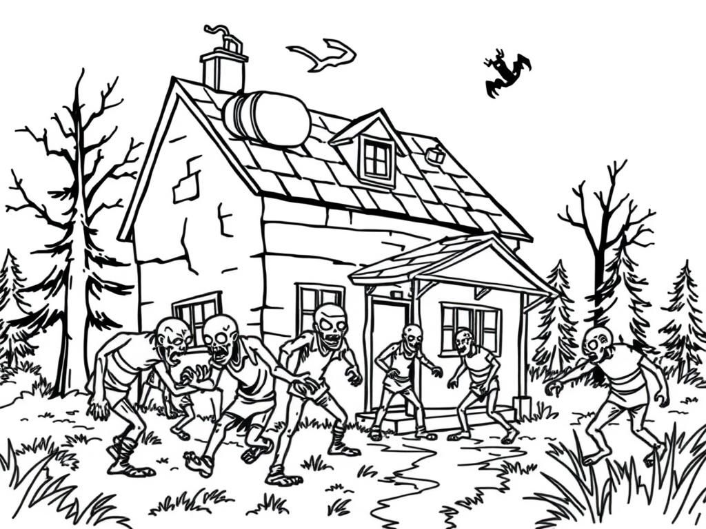Preview of zombies attacking a house withe big barrels of gas on the roof and a wolf howling