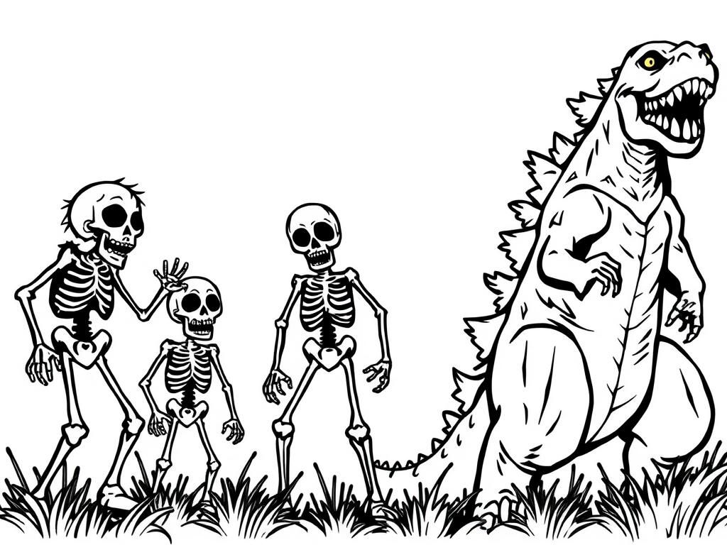 Godzilla Meets Skeletons Coloring Page
