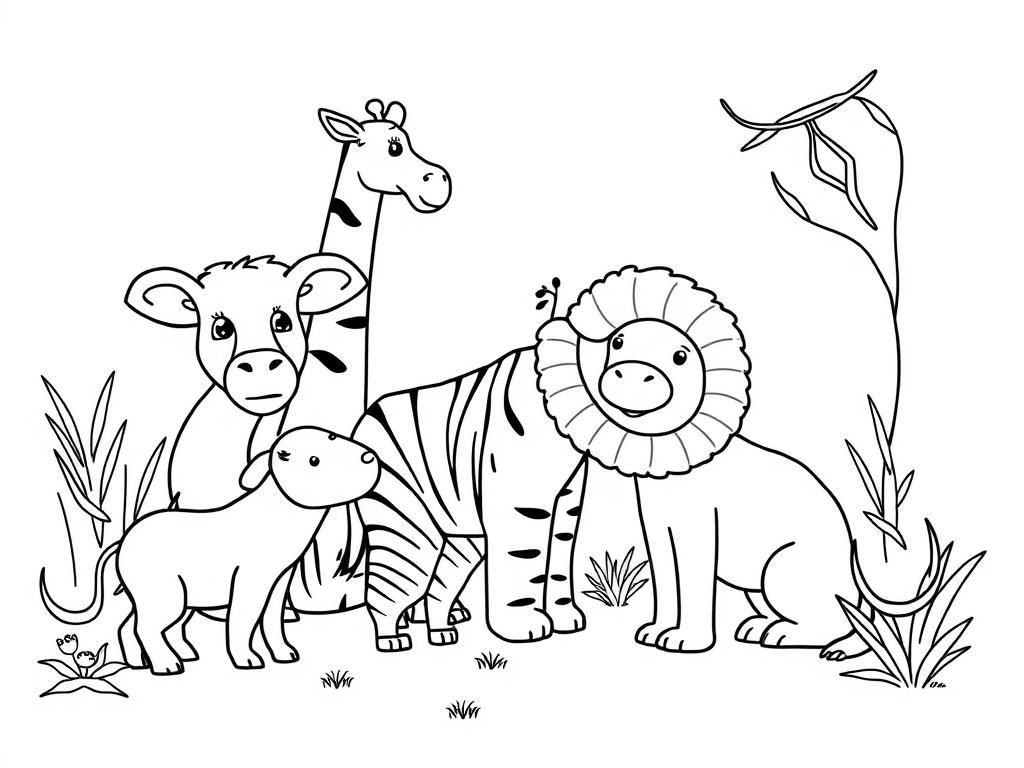 Kleurplaat leeuw, giraf en zebra: leuke illustratie van Afrikaanse wilde dieren